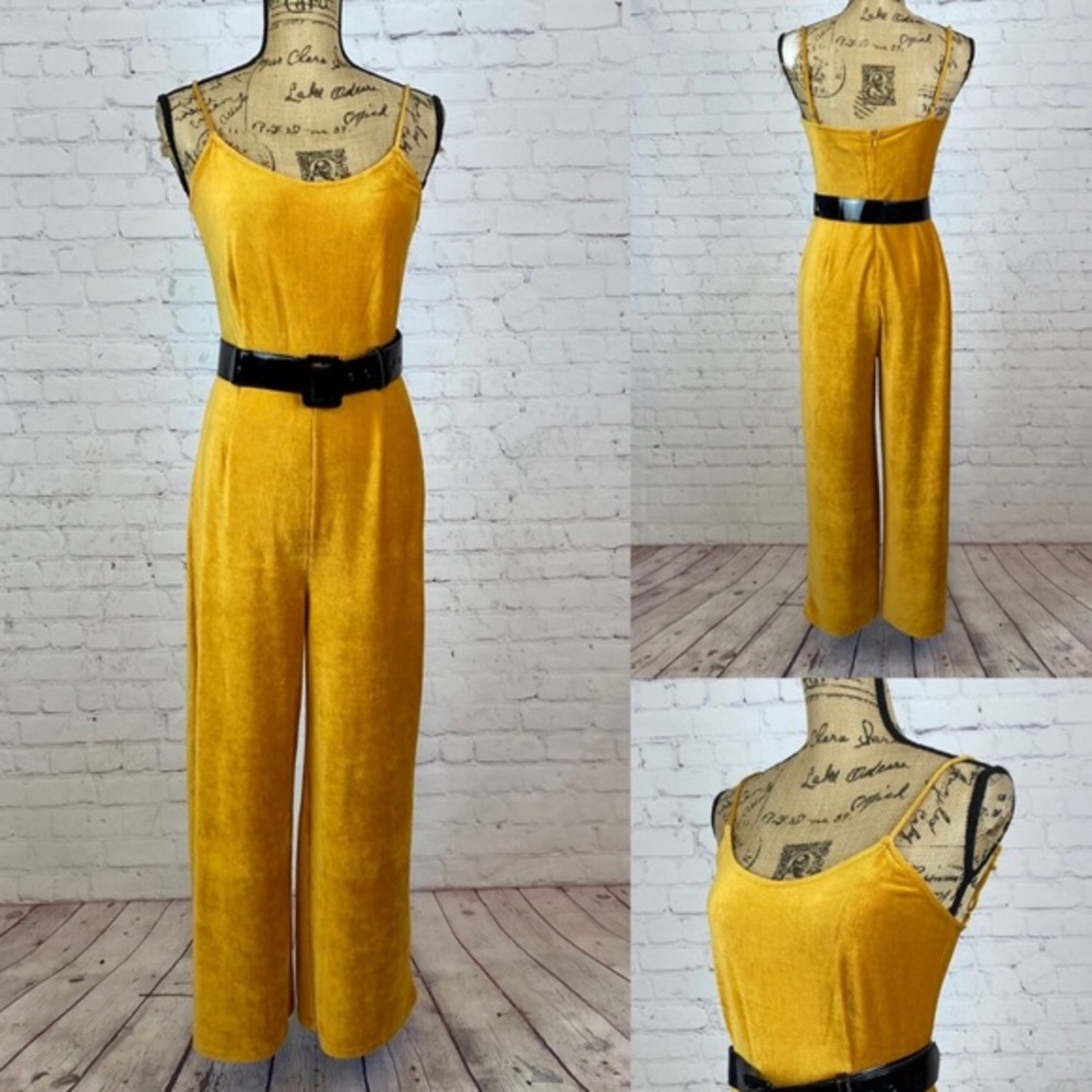 Forever 21 Mustard Ribbed Velvet Wide Leg Jumpsuit